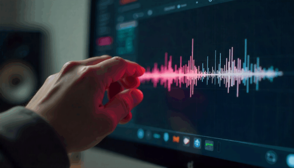 extract music from video – VidAU.ai Person editing audio waveform to extract music from video on computer screen.