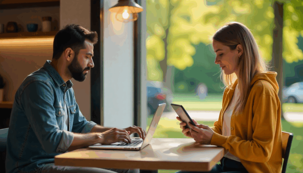 Two people working together on a laptop and tablet, illustrating Canva Video for creating product ads
