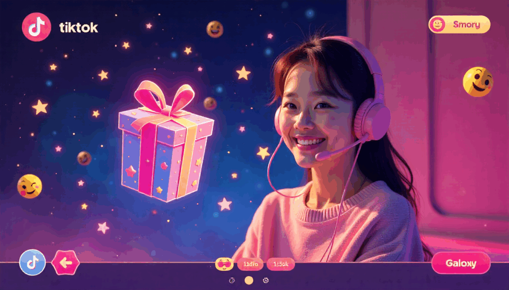 Streamer smiling during a TikTok live showing a Galaxy gift animation, illustrating how much is a Galaxy on TikTok