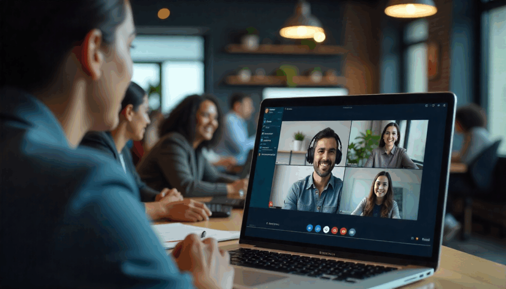 Team meeting with laptop showing virtual call, highlighting AI video ads for SaaS walkthroughs