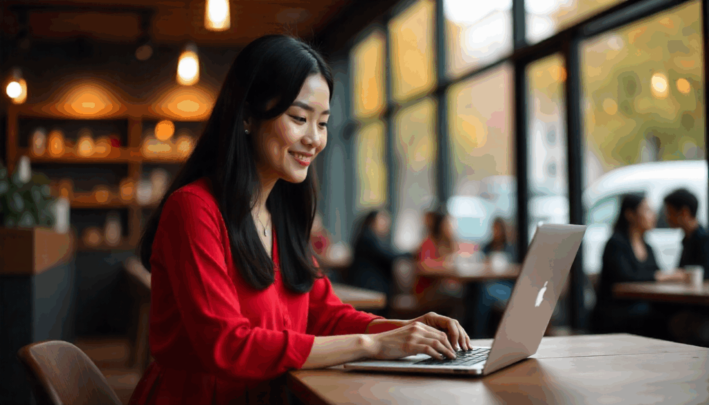 Woman using laptop to create videos with an AI video maker.