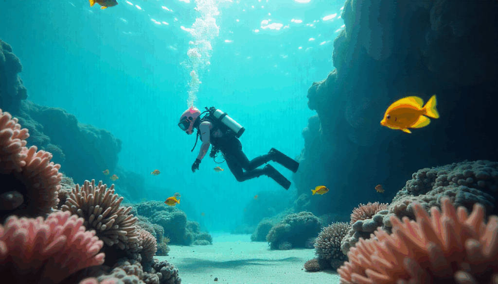 AI prompt generator – VidAU.ai Scuba diver exploring coral reef captured using AI prompt generator
