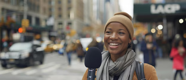 image – VidAU.ai broadcast news, media news, news AI, a young lady with scarf