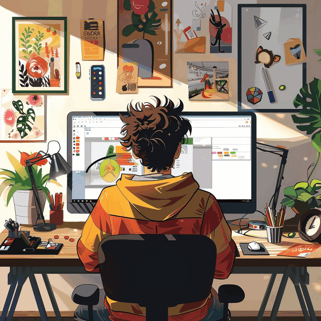 A cartoon image of a boy using a cartoon maker to make a cartoon video
