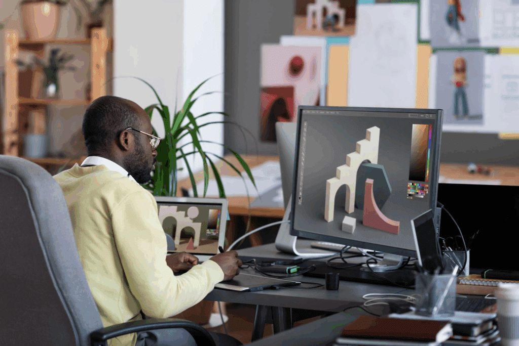 image – VidAU.ai A man using an online cartoon maker to create quick cartoon videos