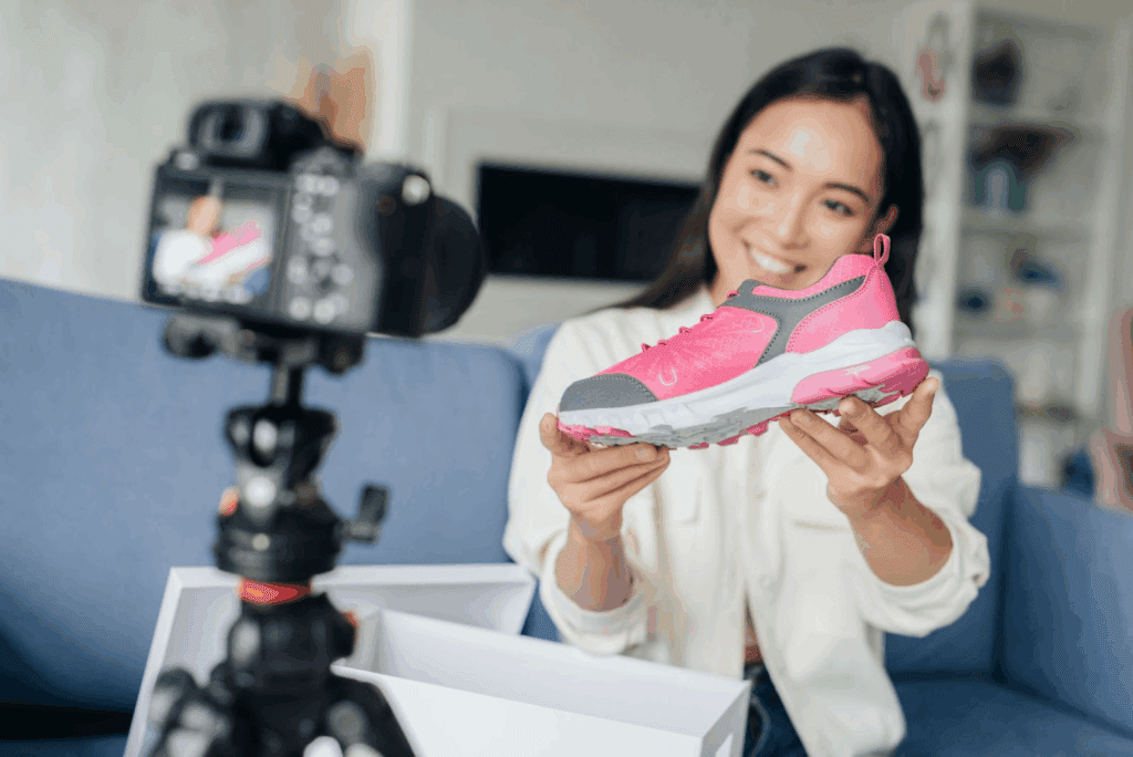 product video – VidAU.ai A man recording her product before using a free online video editor to edit it