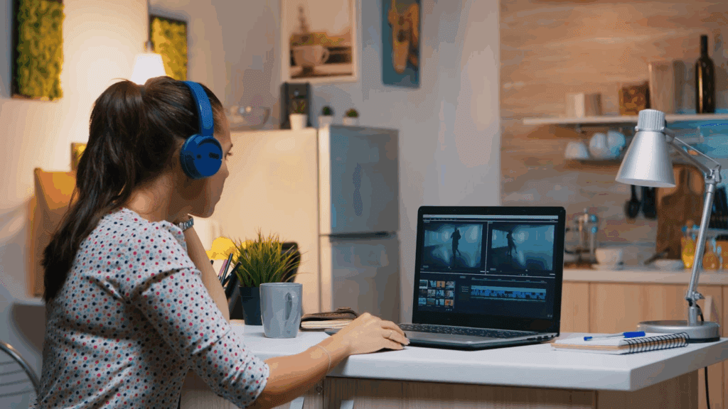 AI video editor – VidAU.ai A lady editing videos using FlexClip’s AI video editor