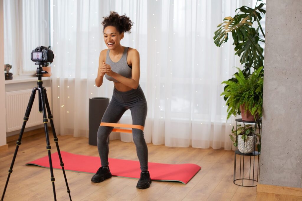image – VidAU.ai A woman recording her workout video