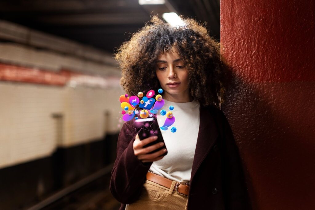 image – VidAU.ai Lady using free instagram templates to generate likes on social media