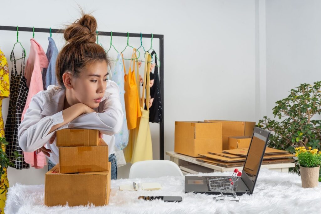 image – VidAU.ai A woman doing research on how to cancel shopify subscription because she doesnt have enough time
