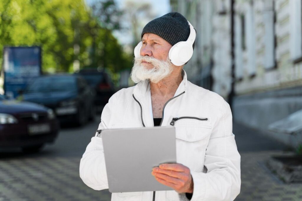 image – VidAU.ai A grown man using sora v2 AI video generator to work on his video project while taking a stroll