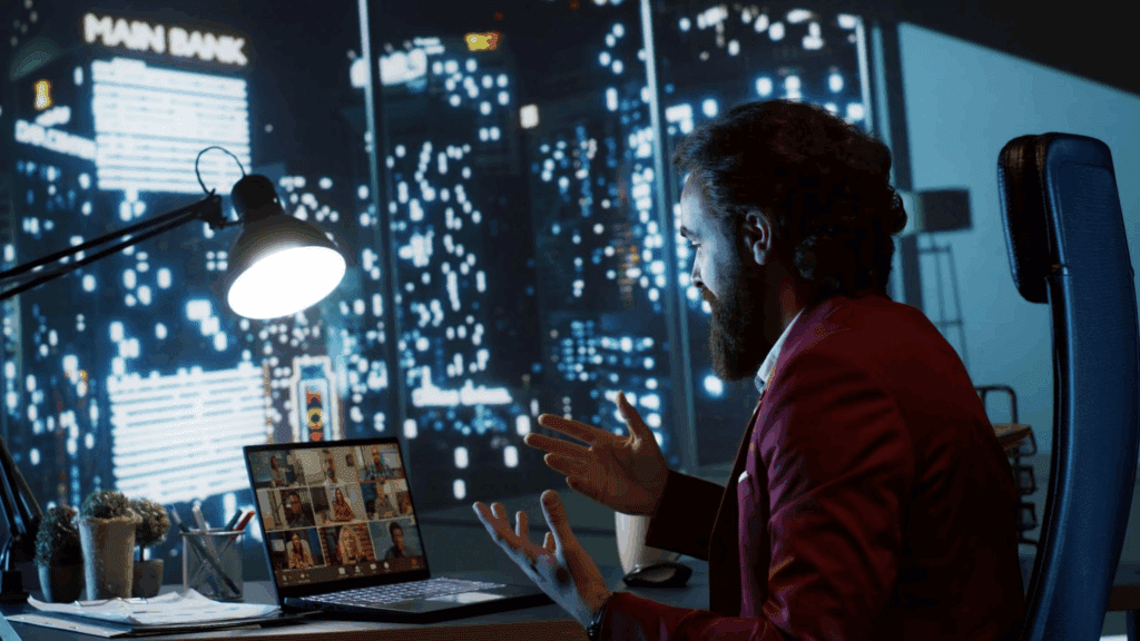 A man explaining to his colleagues how the process of the product walkthrough video will go with AI video ads