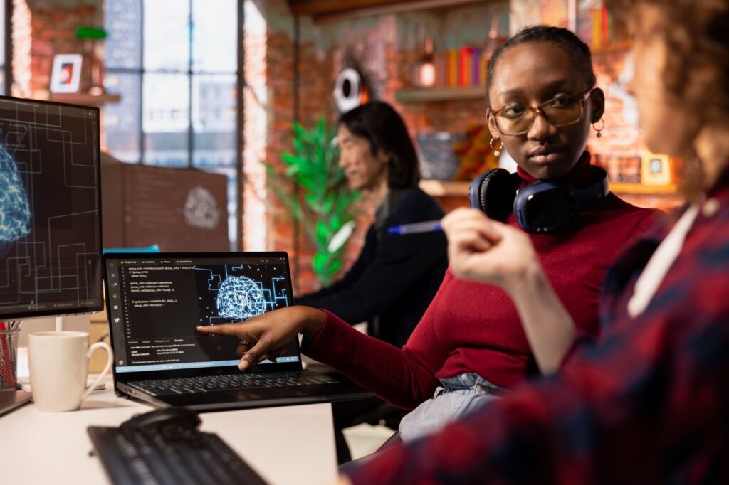 image – VidAU.ai A lady explaining the concept of how a free ai prompt generator works