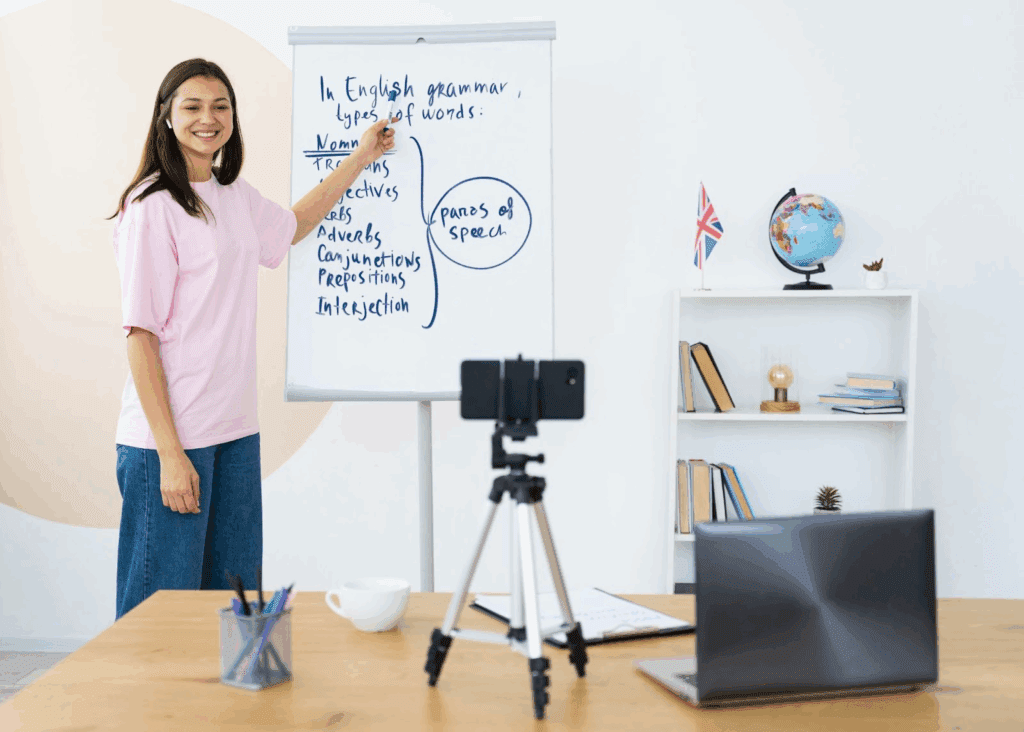 A teacher recording a tutorial video after reading the descript tutorial guide