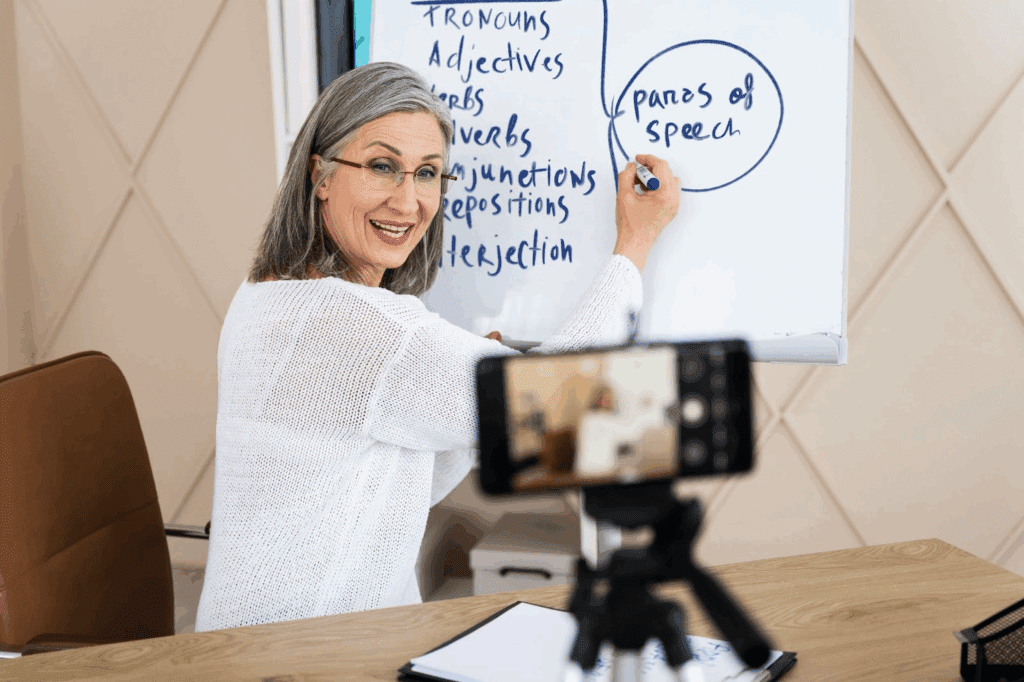 image – VidAU.ai An elderly woman teaching her students by recording with descript and also cloning her voice with descript overdub in the process