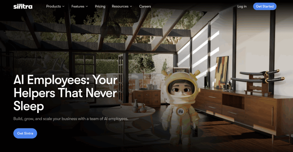 Sintra AI homepage showcasing virtual AI employees for automation.