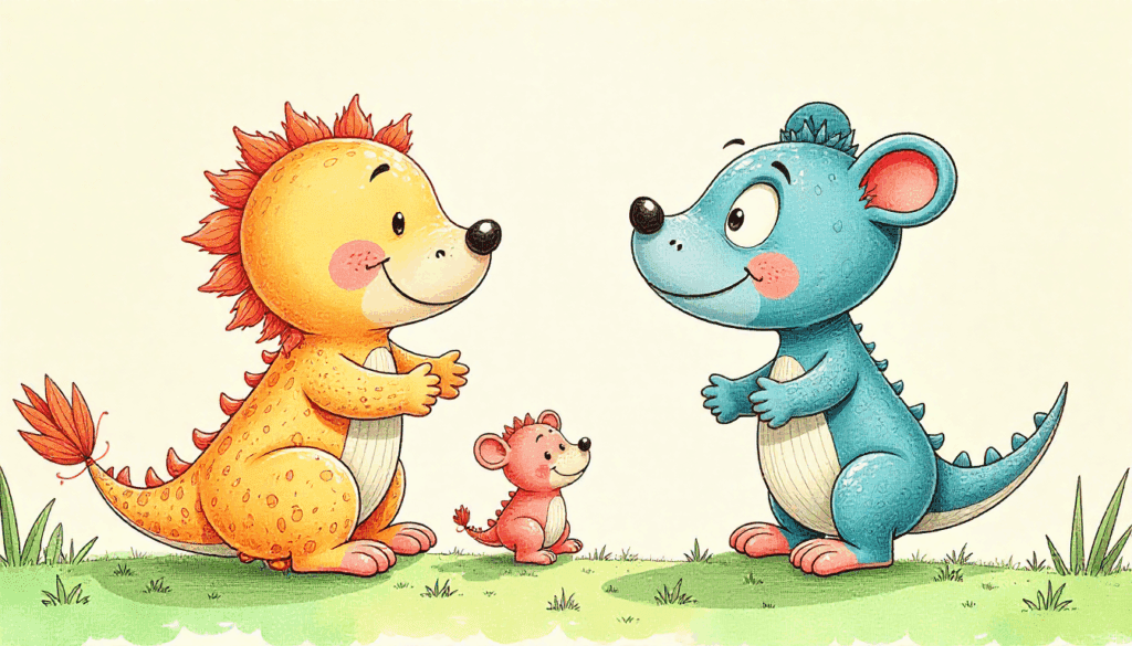 Cute cartoon characters created using Minimax AI Video in a playful, colorful illustration style.