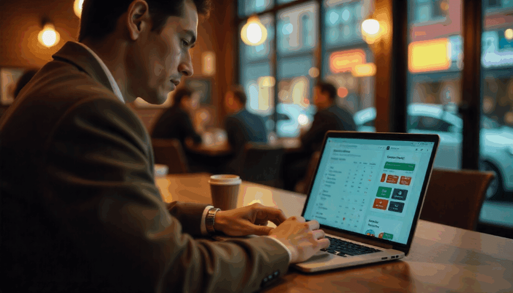 Man researching how to add music to Facebook post on a laptop in a café.