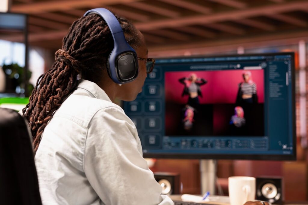 image – VidAU.ai a woman working on facebook text music after learning how to add music to facebook post