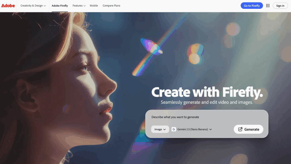 Adobe Firefly image generator screen with a female subject