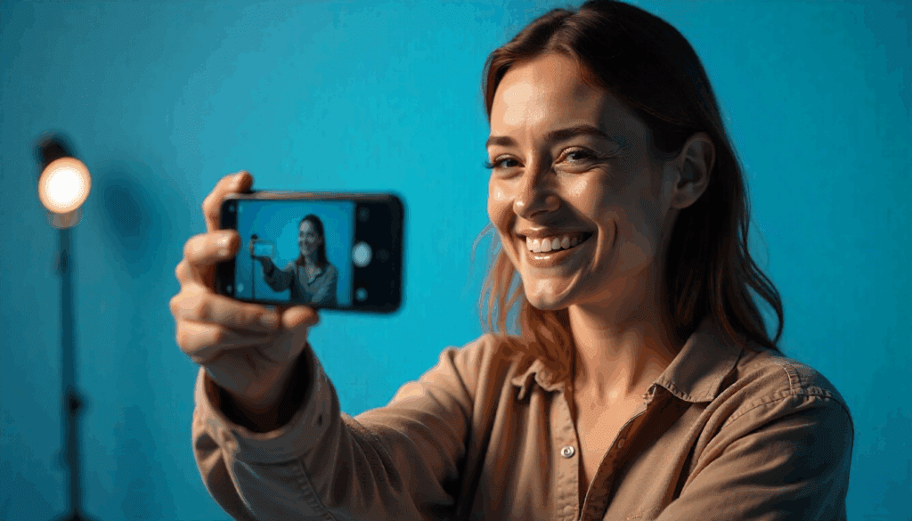image – VidAU.ai UGC creator recording a selfie video, showing real life ugc meaning