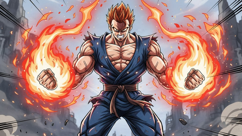 image – VidAU.ai image of Shonen Warrior with Flame Aura Nano banana prompts