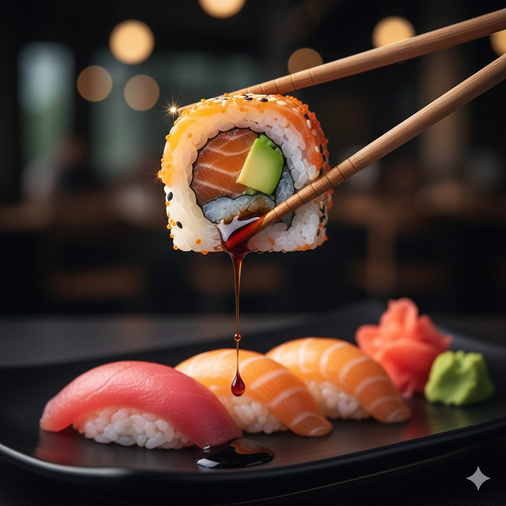 image of sushi on chop stick on Nano Banana pro
