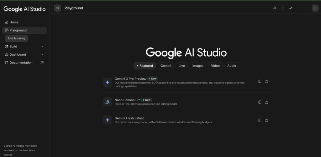 Google AI Studio dashboard with models used for text to speech