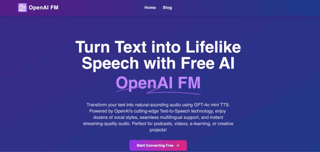 OpenAI.fm homepage showing text to speech tools