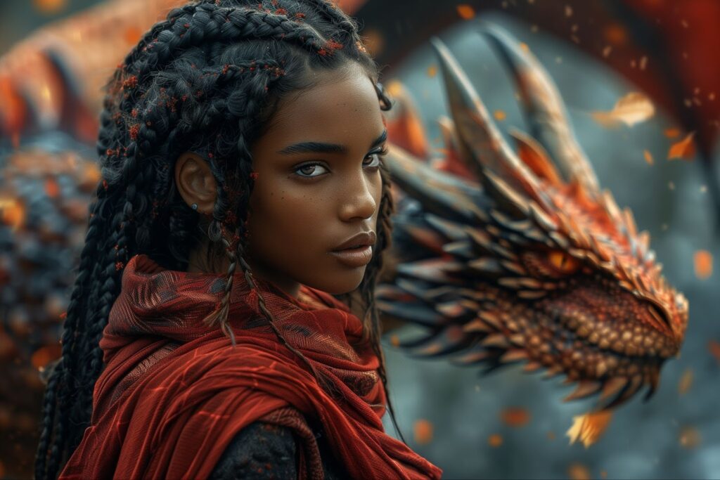 Animated characters shown as a fantasy warrior and dragon.