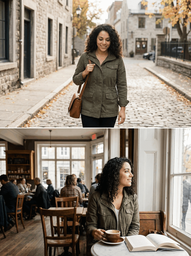image  of  same woman wearing a green jacket.