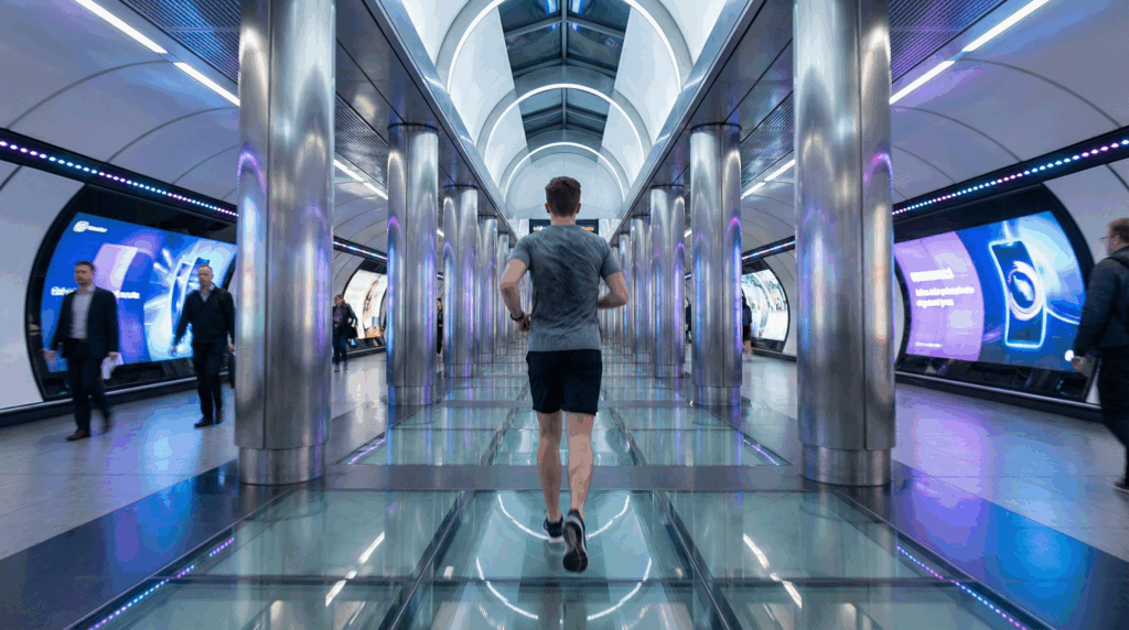 young man running through a futuristic train station