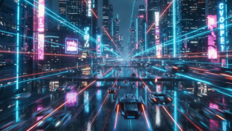 image of  night city with neon lights and flying cars