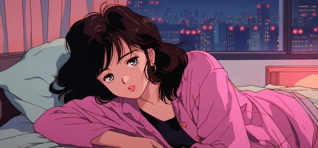 Animate AI animation of a female character lying on a bed with detailed outfit and natural pose.