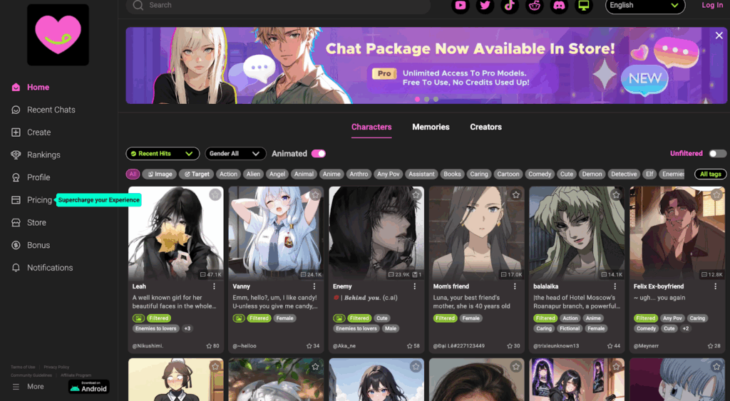 Screenshot of an AI chatbot platform interface showing animate ai characters