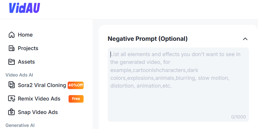 image – VidAU.ai image of negative Prompt on Kling 2.5