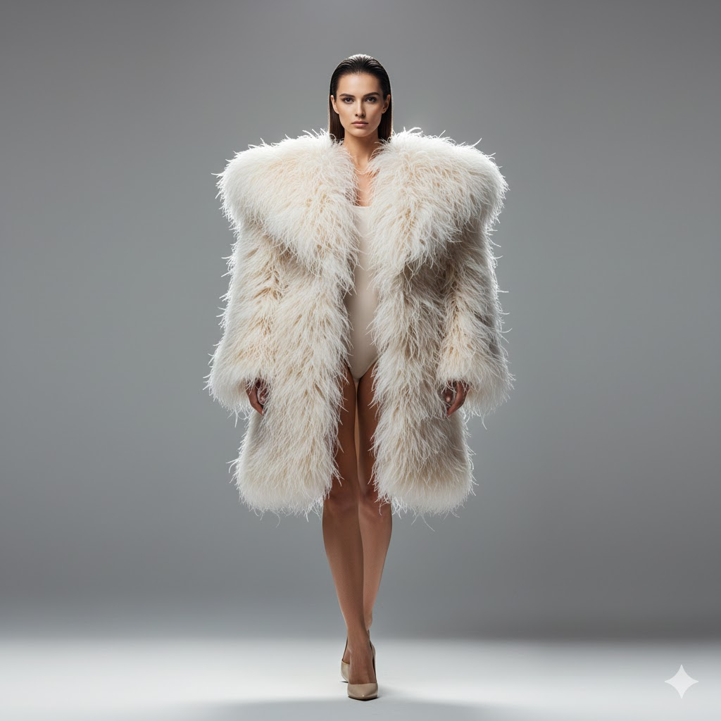 image – VidAU.ai image of full large leather coat wth lady