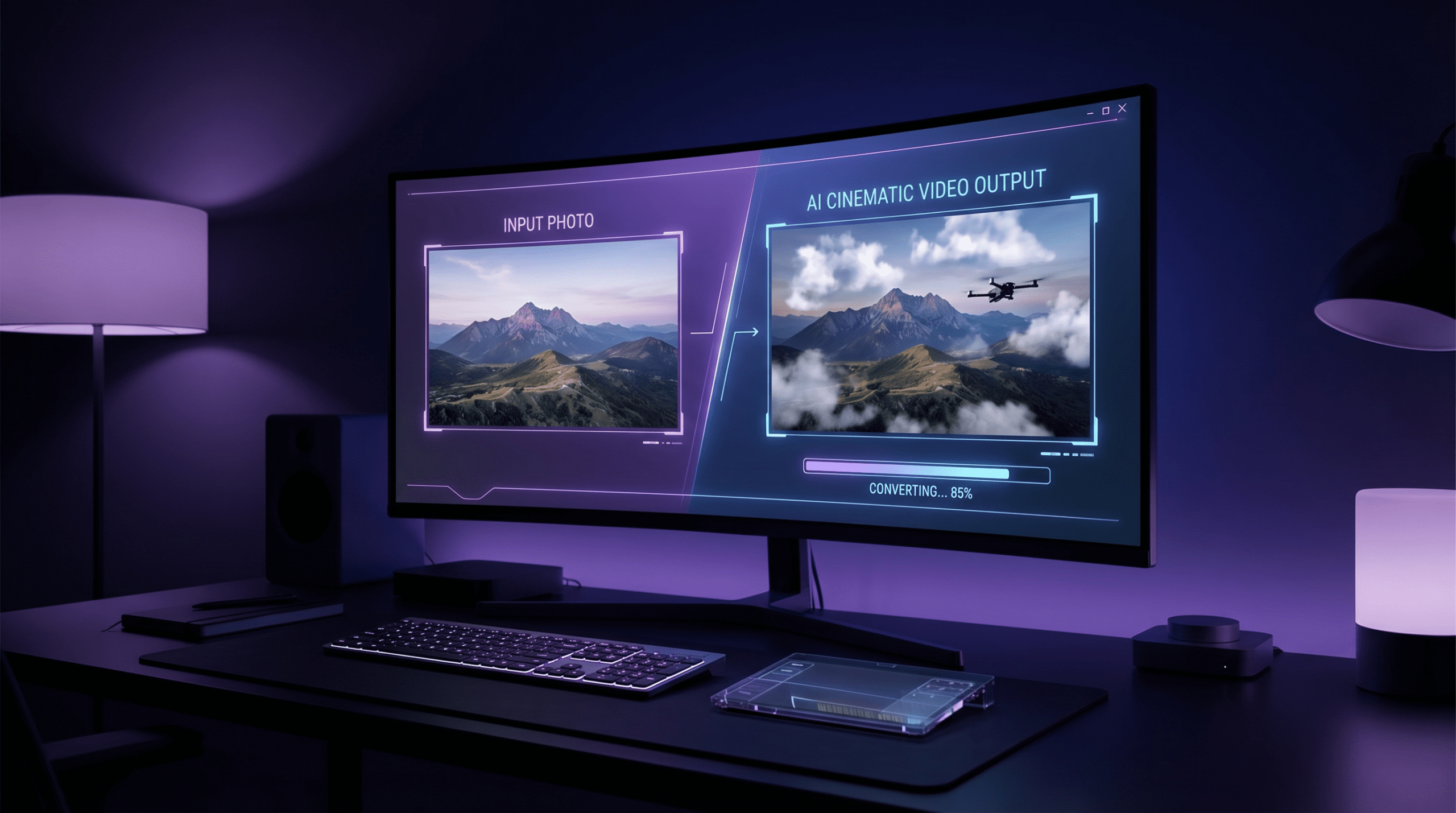 AI interface converting a still photograph into a cinematic video sequence using an AI image to video generator