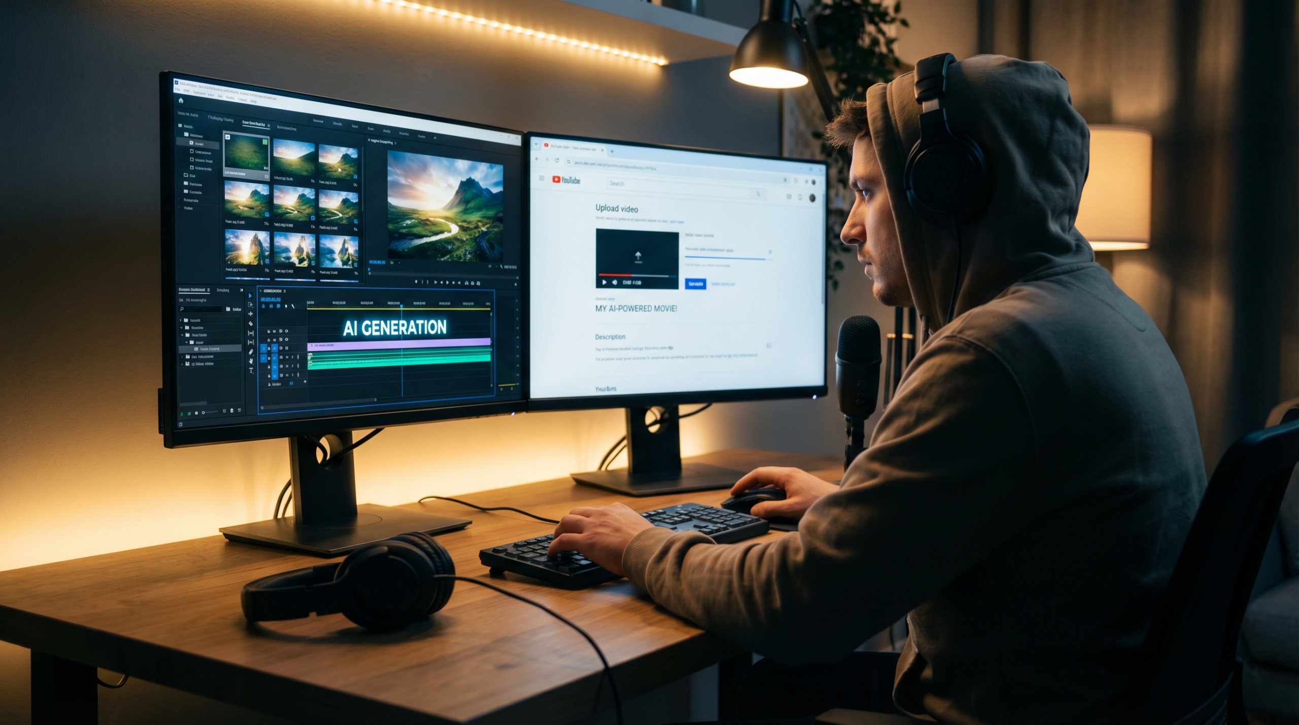 Content creator using an AI video timeline editor to animate images into long-form video content
