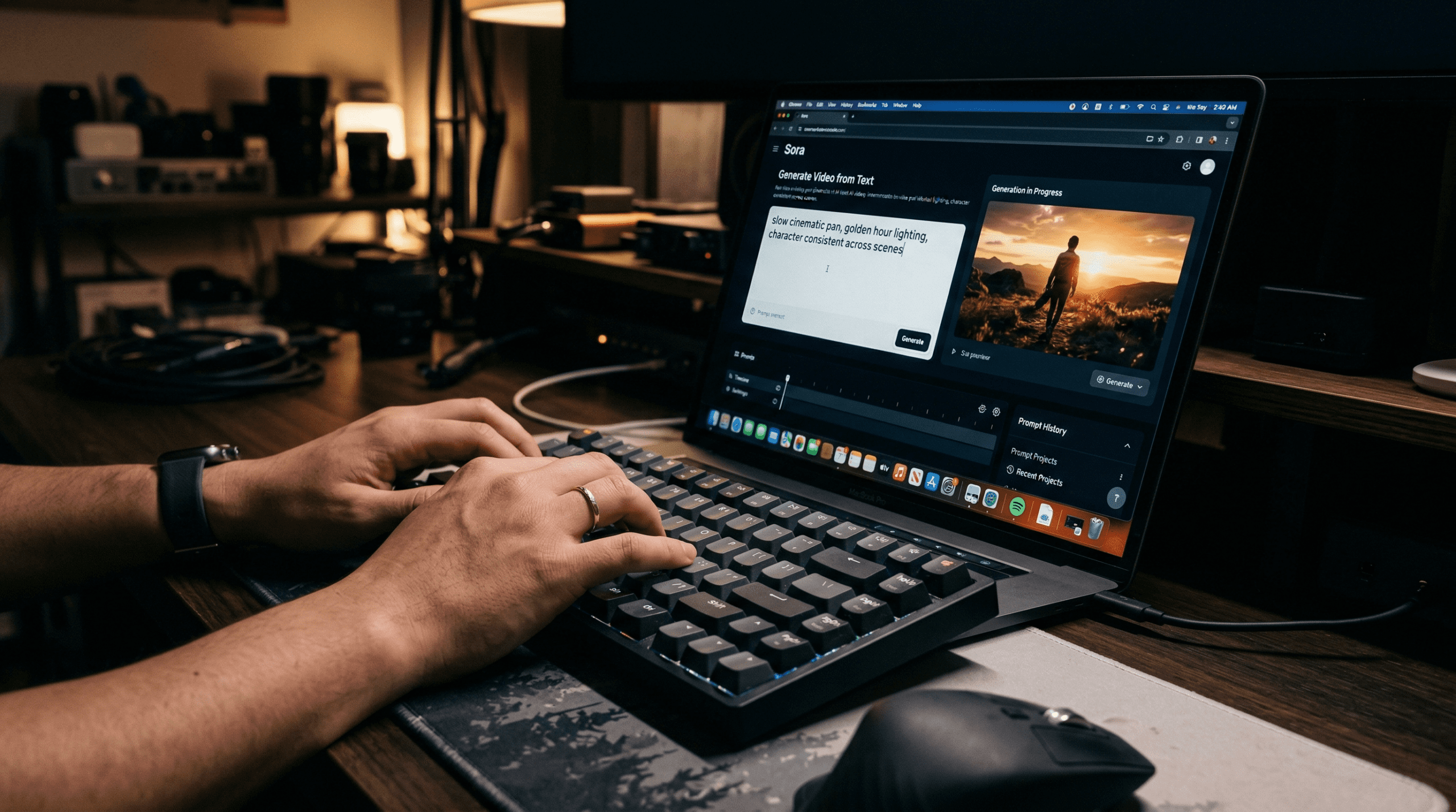 Close-up of hands typing an AI prompt for image to video generation showing text input on screen