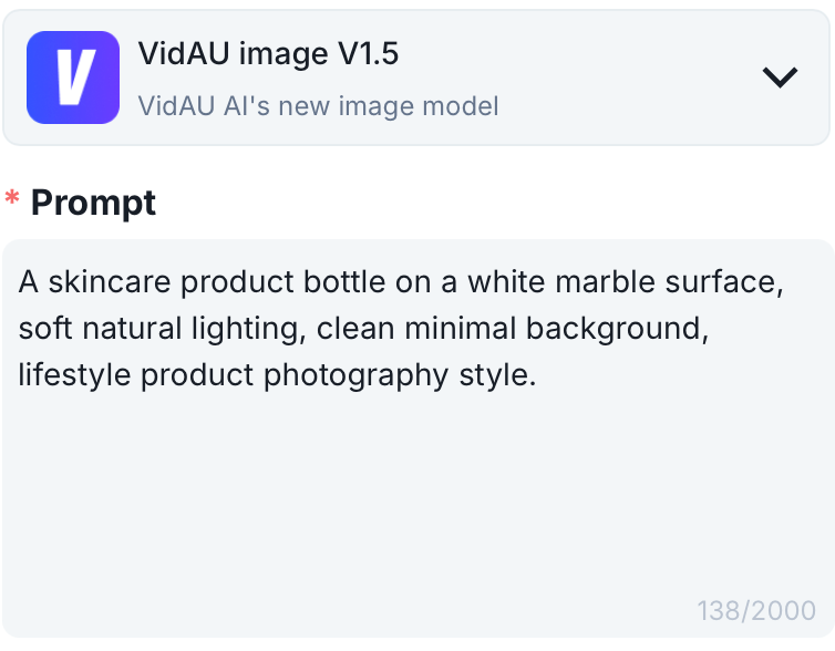 VidAU Image V1.5 prompt field for generate images from text with skincare example
