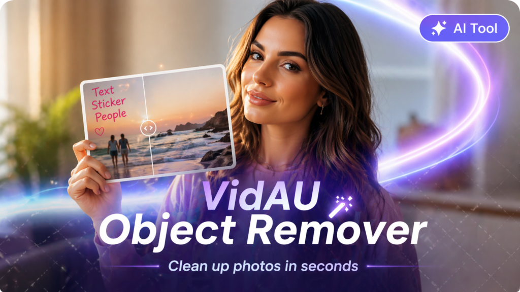 AI object remover banner with a woman showing a cleaned before-and-after photo.