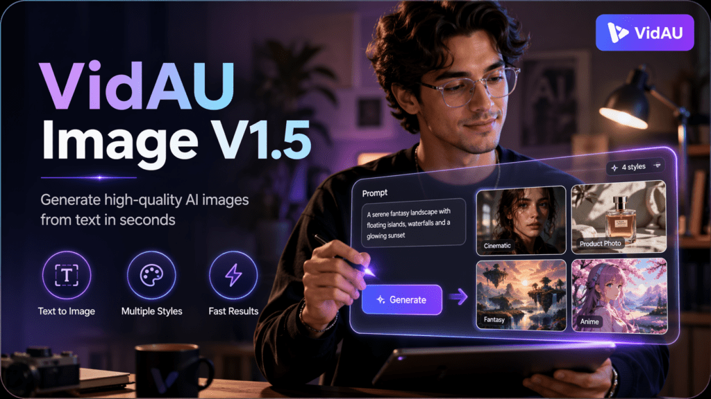 VidAU Image V1.5 banner showing text-to-image generation