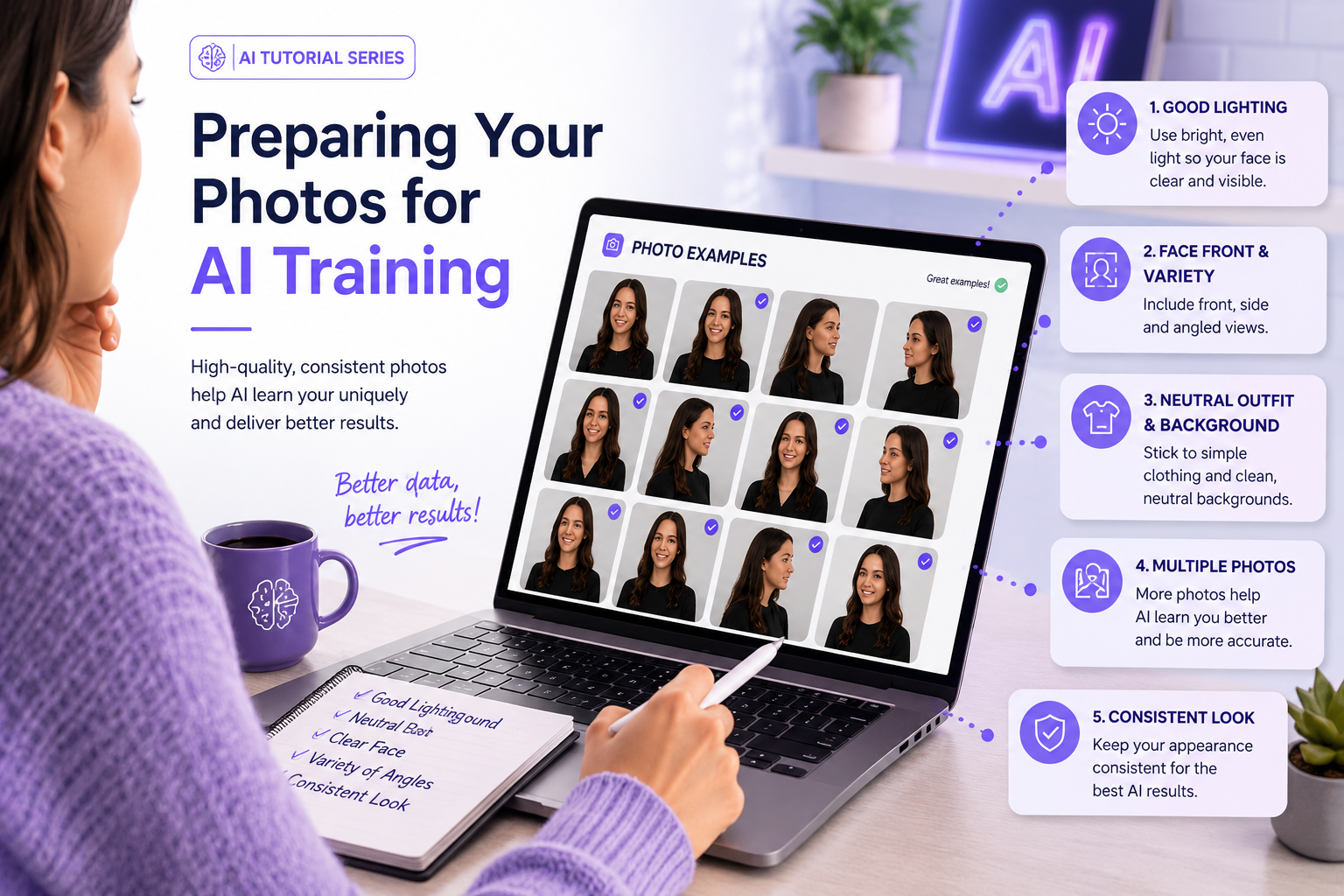 AI training photo guide showing clear selfies angles and lighting for AI image to image generator – VidAU.ai AI training photo guide showing clear selfies angles and lighting for AI image to image generator