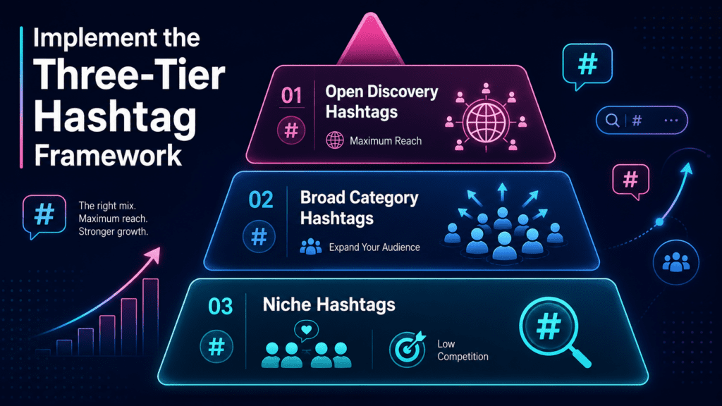 Infographic showing a three-tier hashtag framework with stacked layers for niche hashtags, broad category hashtags, and open discovery hashtags.