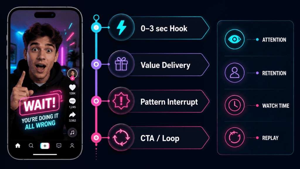 Infographic showing a viral TikTok video structure with hook, value, pattern interrupt, and CTA/loop stages.