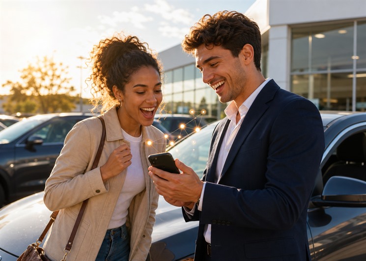 Customer and auto salesperson using an AI-assisted mobile sales tool at a car dealership