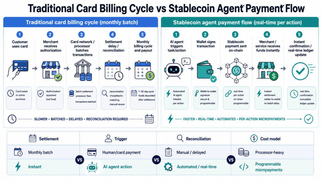 image – VidAU.ai Comparison of traditional card billing and real-time stablecoin agent payments