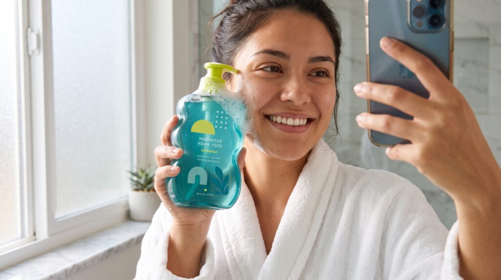 Woman holding body wash bottle 202608111440 1