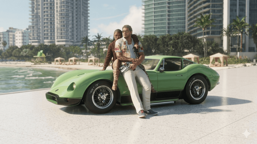 Create AI Versions of Vice City and Leonida for gta 6 release date using ai video generation models